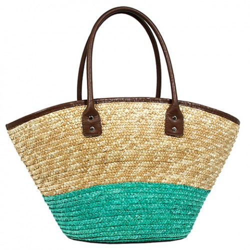 Straw Tote: Woven Wheat 2-tone w/ PU Leather Handles - Turquoise - BG-R11050TQ